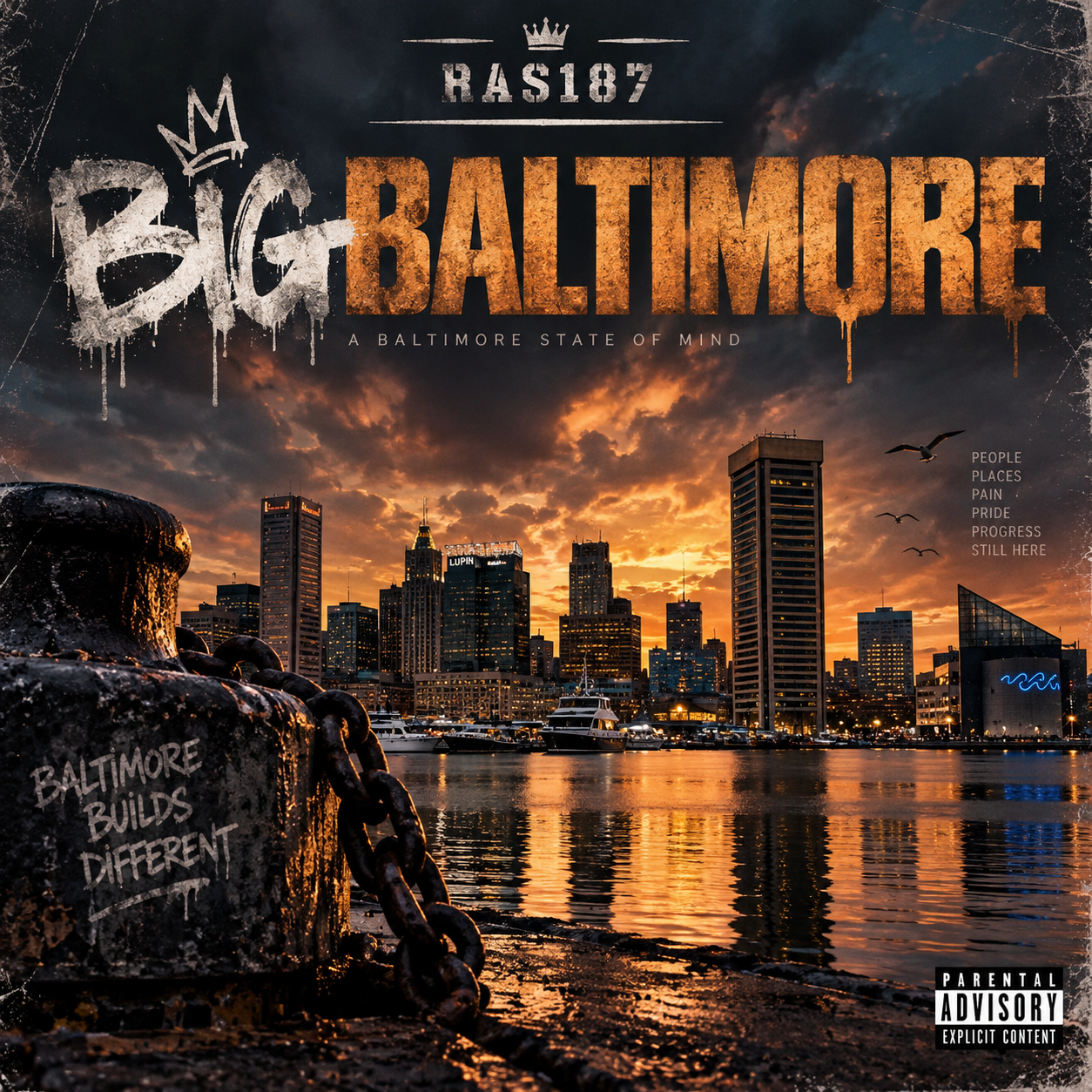 RAS187 Big Baltimore cover, with graffiti lettering over Baltimore’s harbor and skyline at an orange sunset