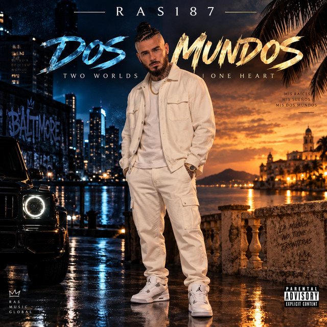 Dos Mundos album cover: RAS187 between a blue city at night and a golden waterfront